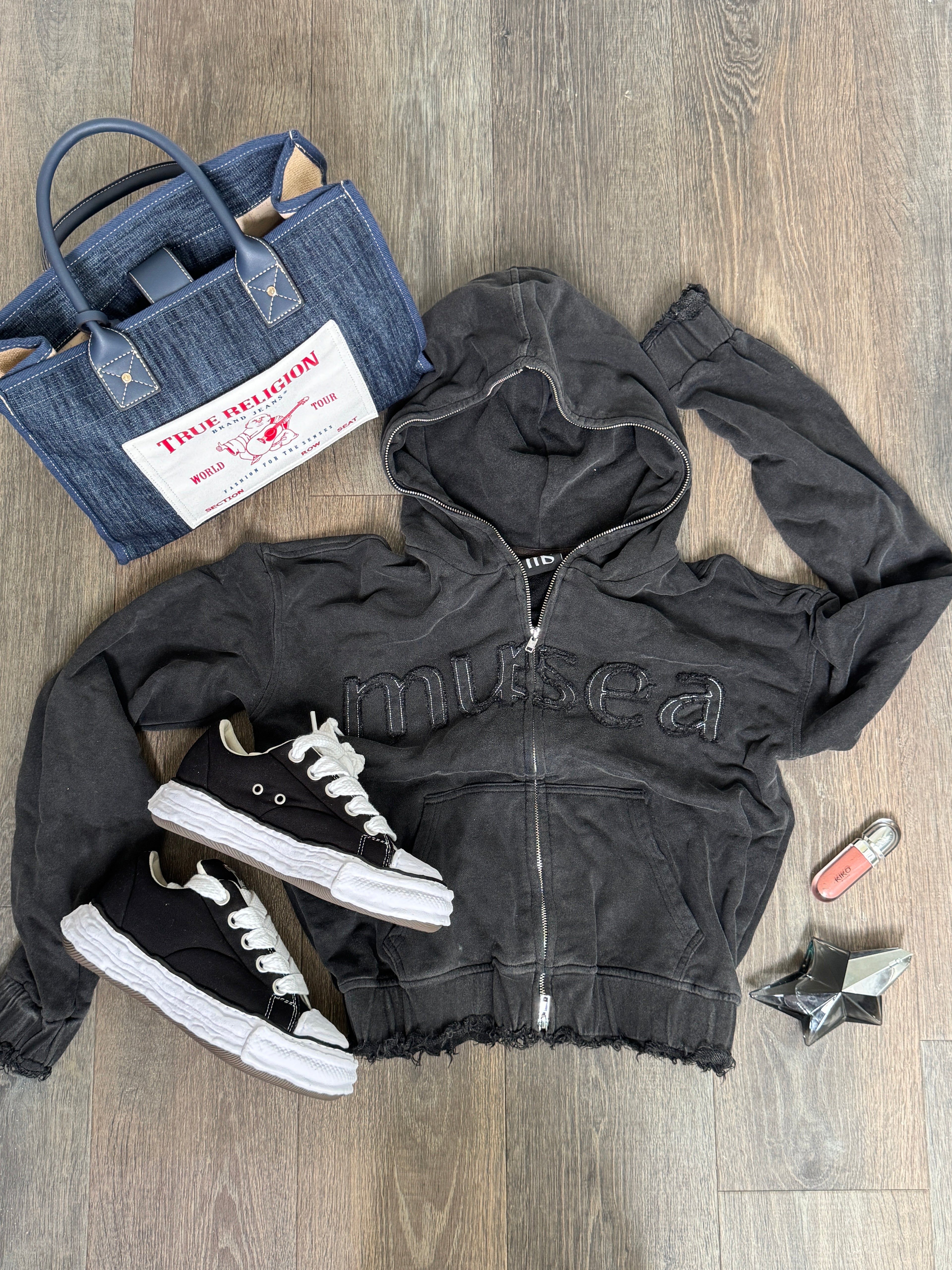 Muse Washed Zip-through Hoodie Distressed Cuffed Sleeves
