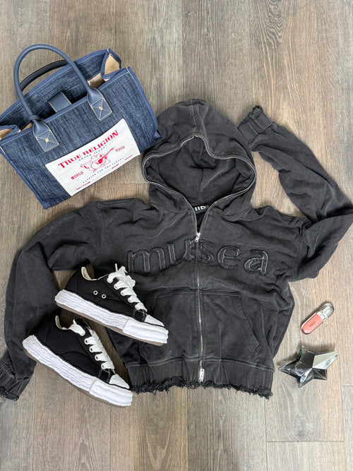 Muse Washed Zip-through Hoodie Distressed Cuffed Sleeves