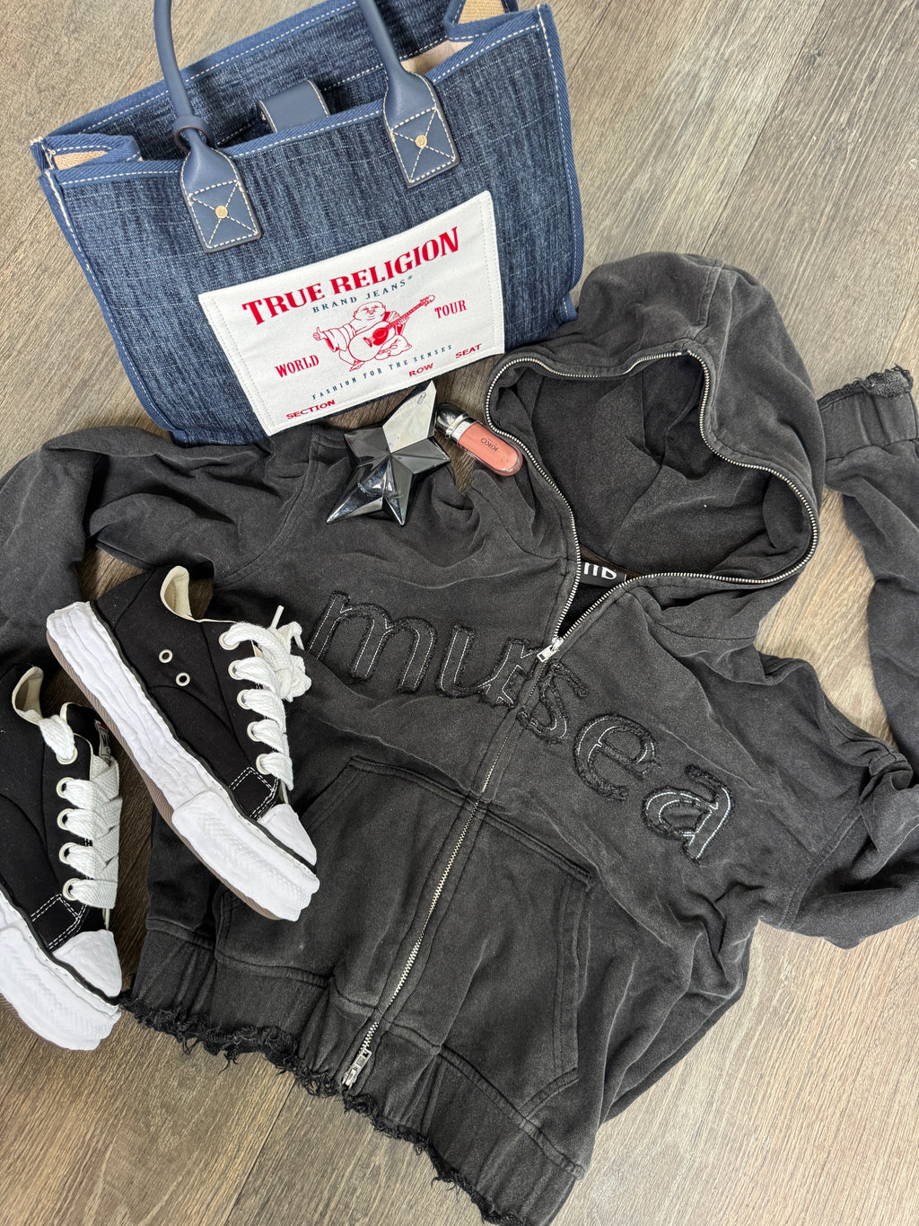 Muse Washed Zip-through Hoodie Distressed Cuffed Sleeves